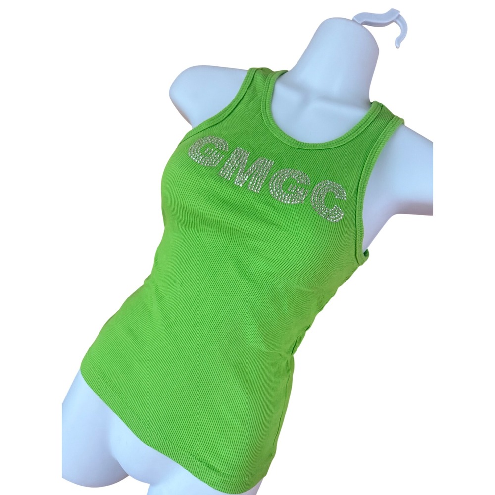 Y2K 2000s Mcbling Boxercraft Lime Green GMGC Rhinestone Ribbed Tank Top